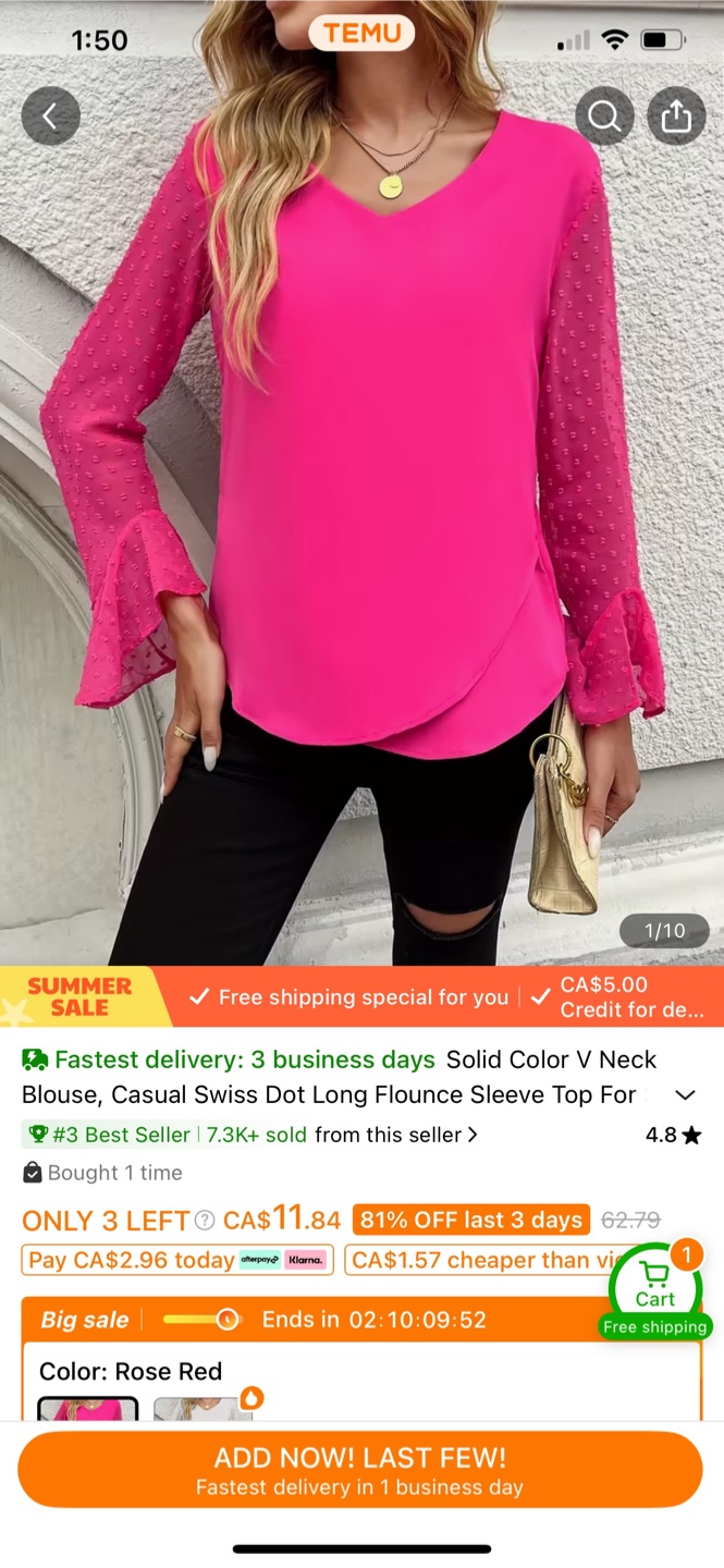 Women's Pink Swiss Dot Flounce Sleeve Blouse - Size Small