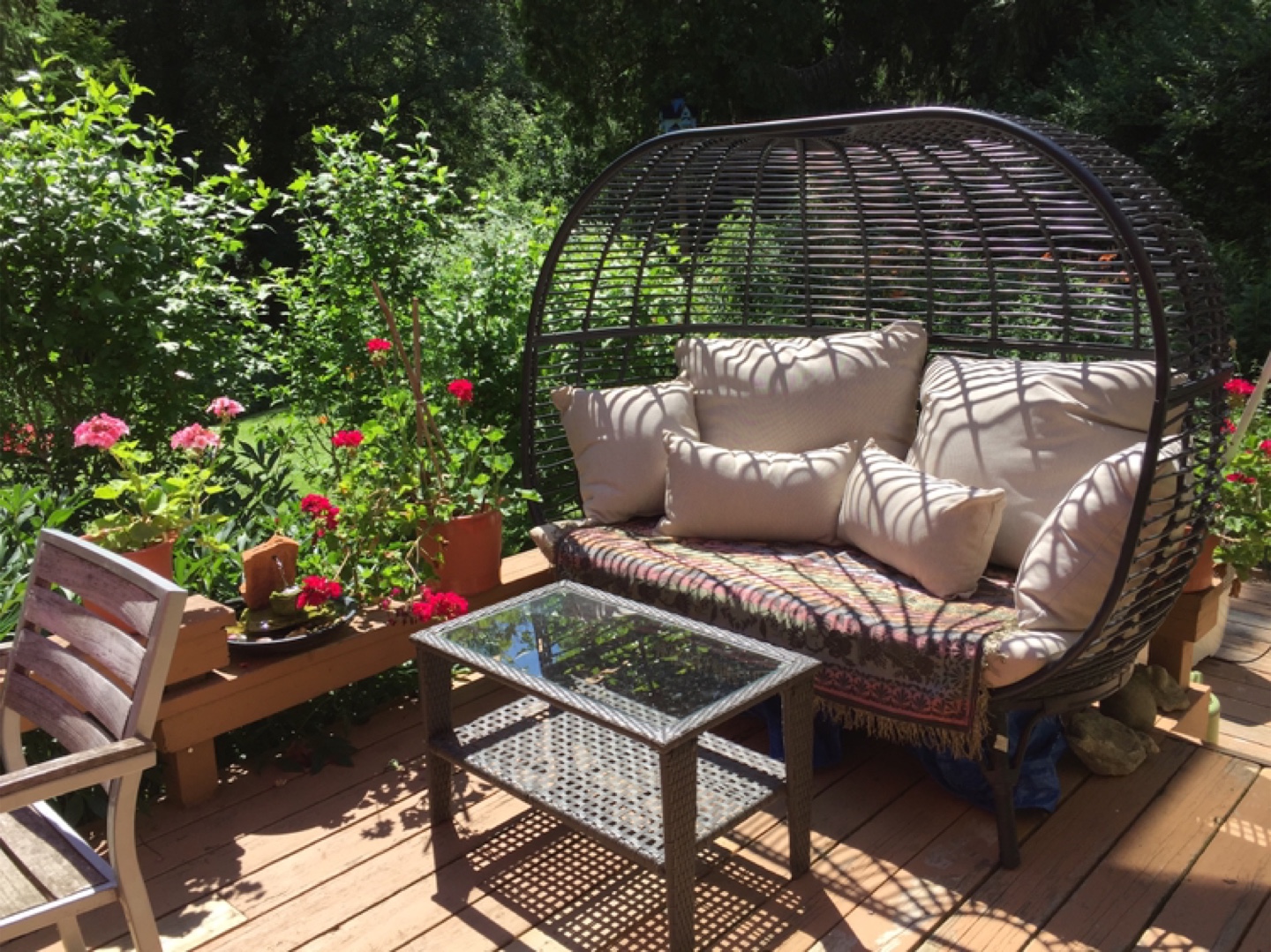 Canopied Wicker Patio Loveseat and Pillows