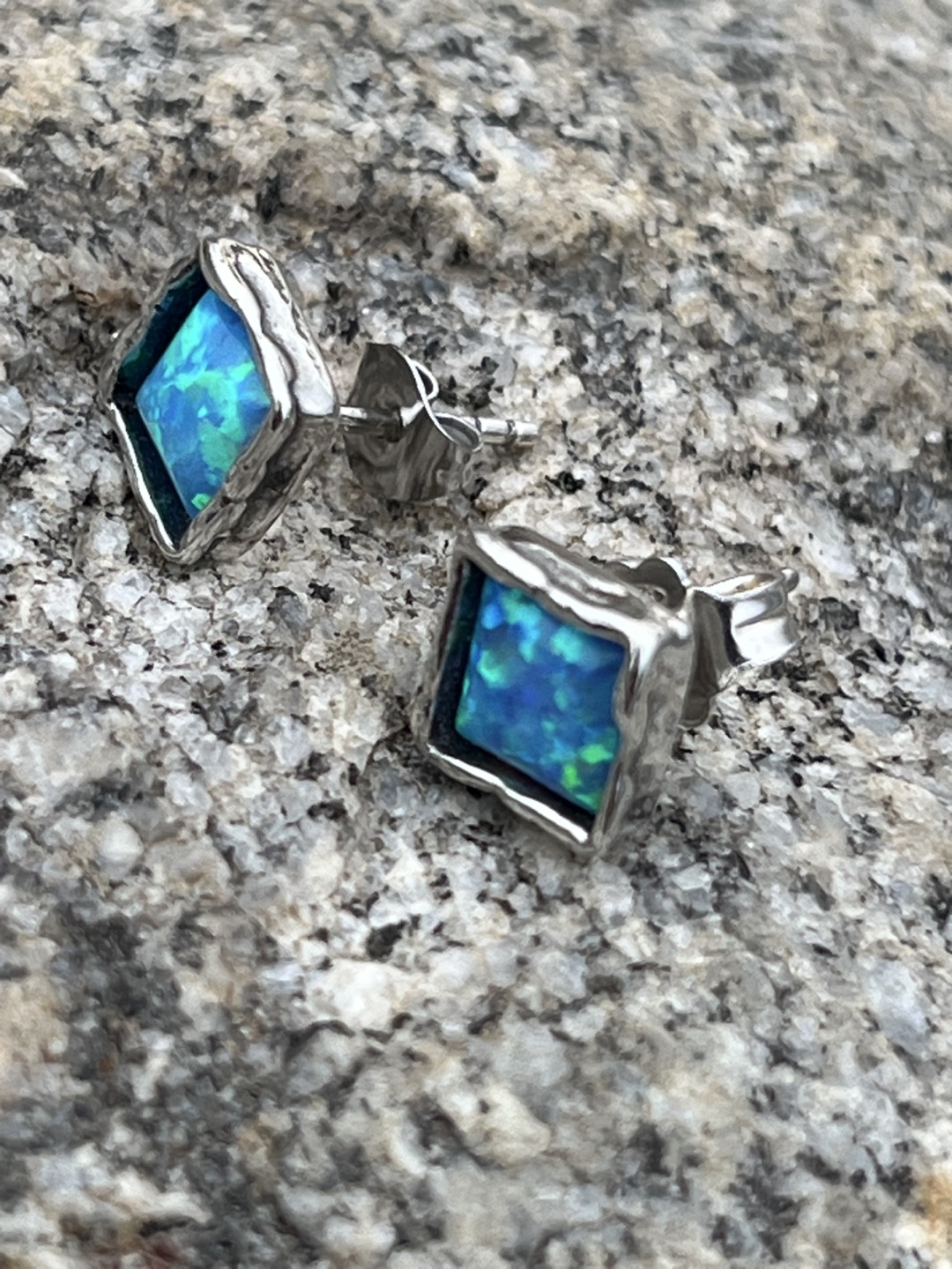 New 925 Blue Opal Square Stud Earrings