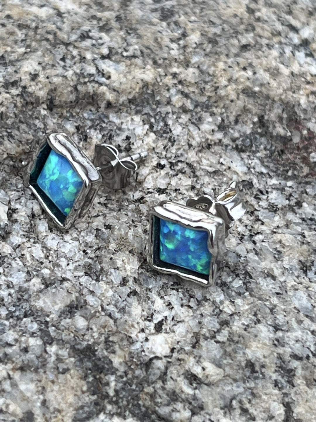 New 925 Blue Opal Square Stud Earrings - photo 2