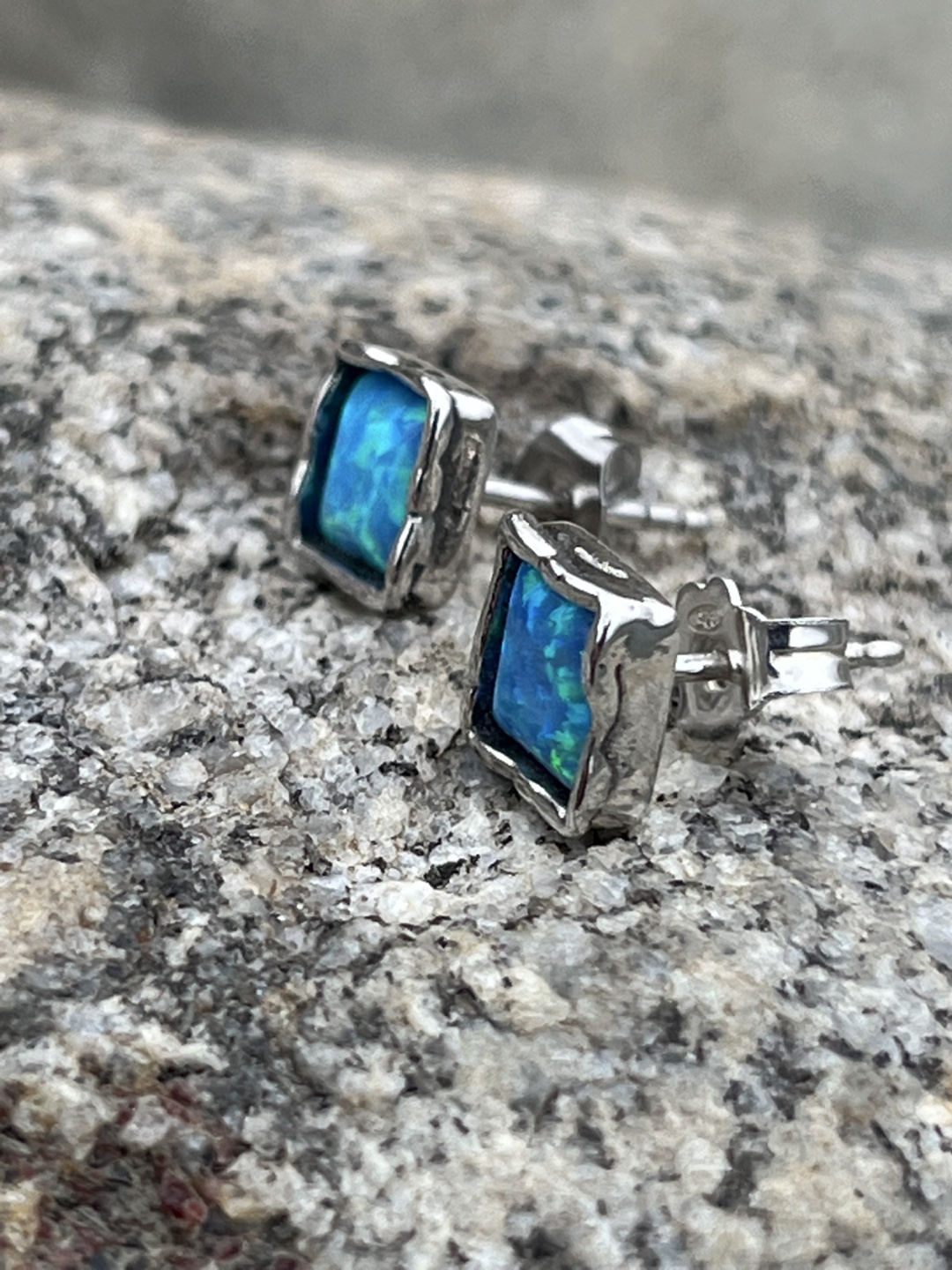New 925 Blue Opal Square Stud Earrings - photo 3