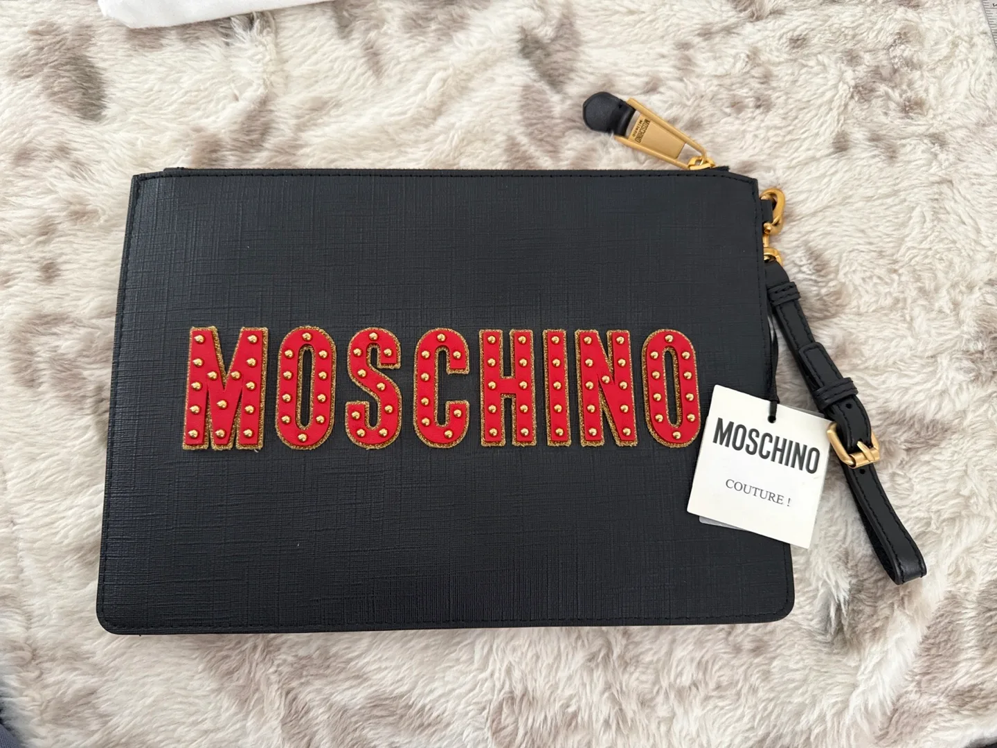 Moschino Couture black leather clutch with teddy bear design image indicator(2)