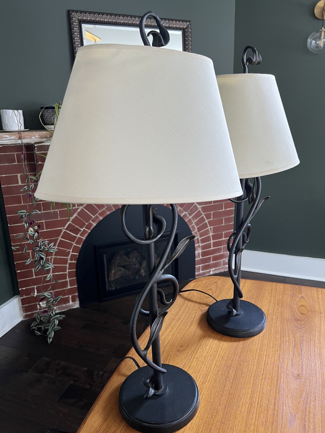Pair of Black Wrought Iron Table Lamps with Cream Shades