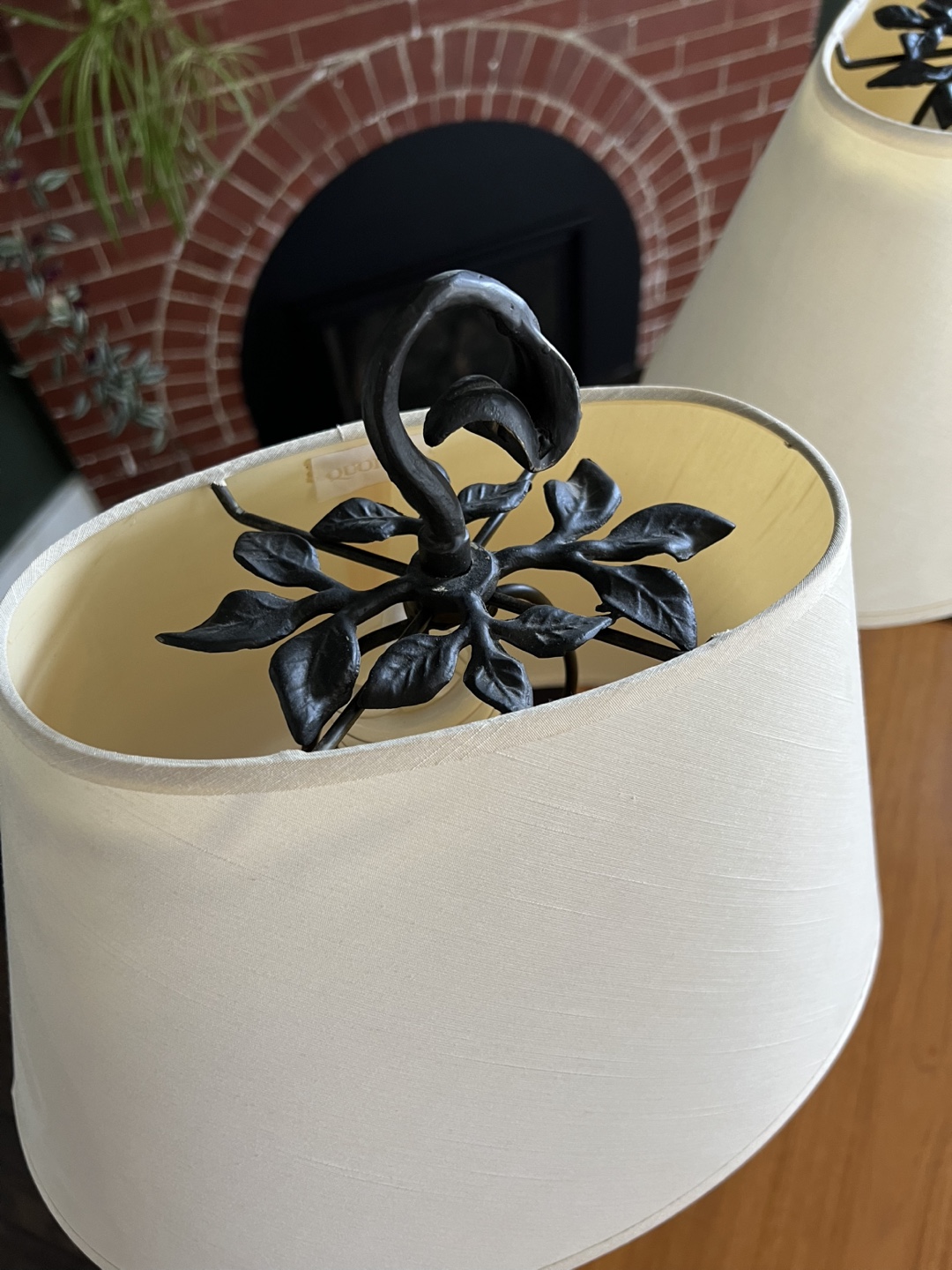 Pair of Black Wrought Iron Table Lamps with Cream Shades - photo 2