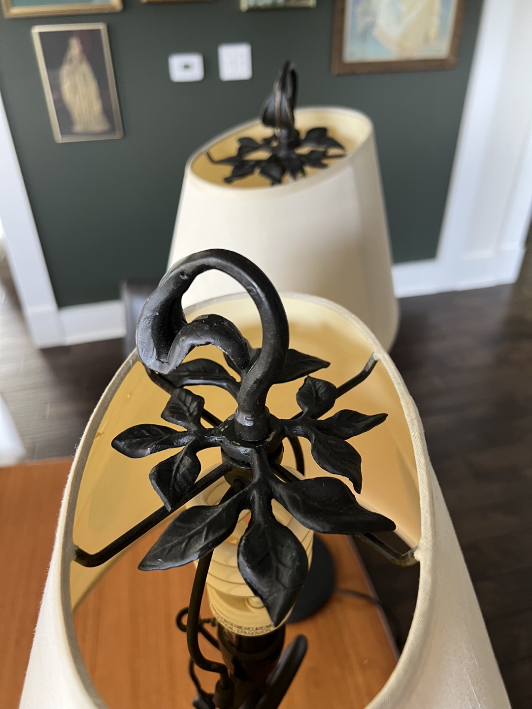Pair of Black Wrought Iron Table Lamps with Cream Shades - photo 3
