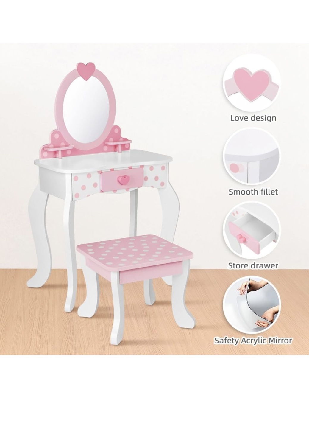 Kids' Pink Vanity Set with Accessories - Real Wood