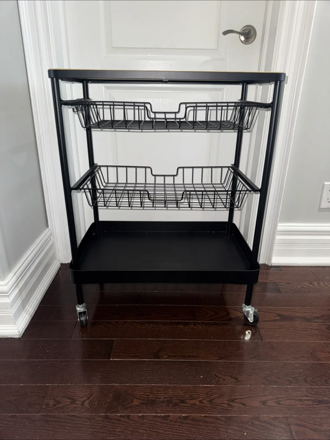 Black Rolling Kitchen Cart with Wooden Top image indicator(2)