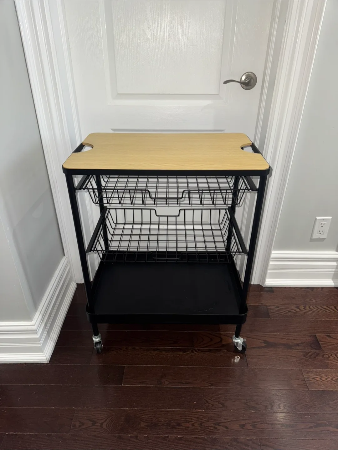 Black Rolling Kitchen Cart with Wooden Top
