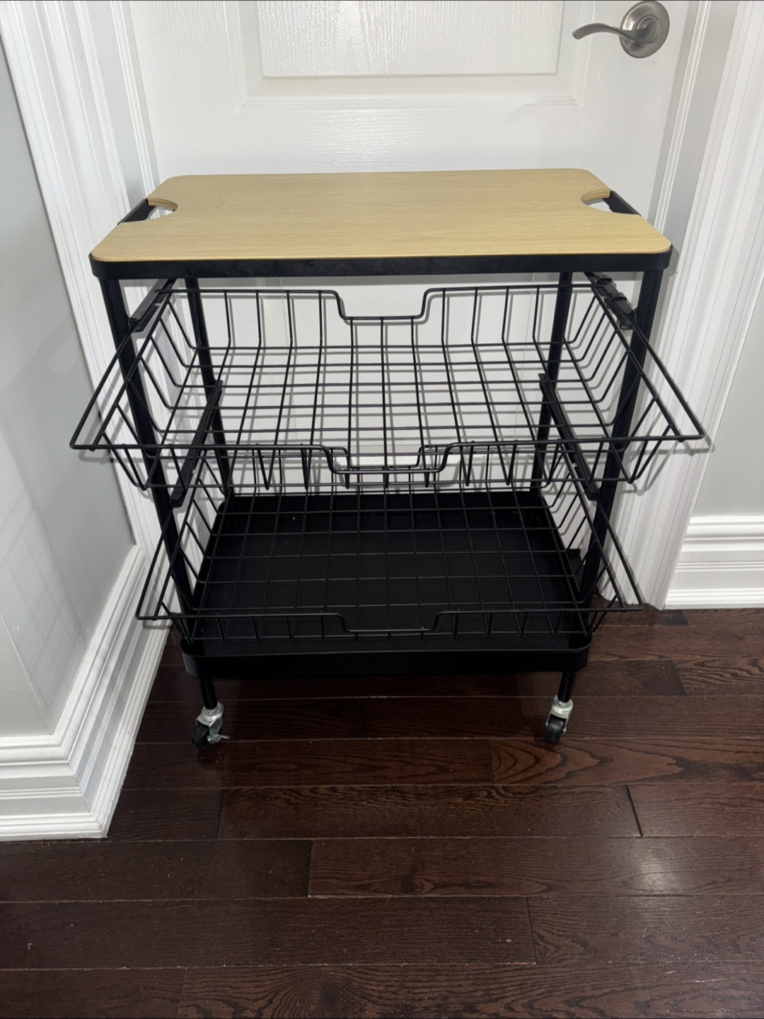 Black Rolling Kitchen Cart with Wooden Top - photo 3
