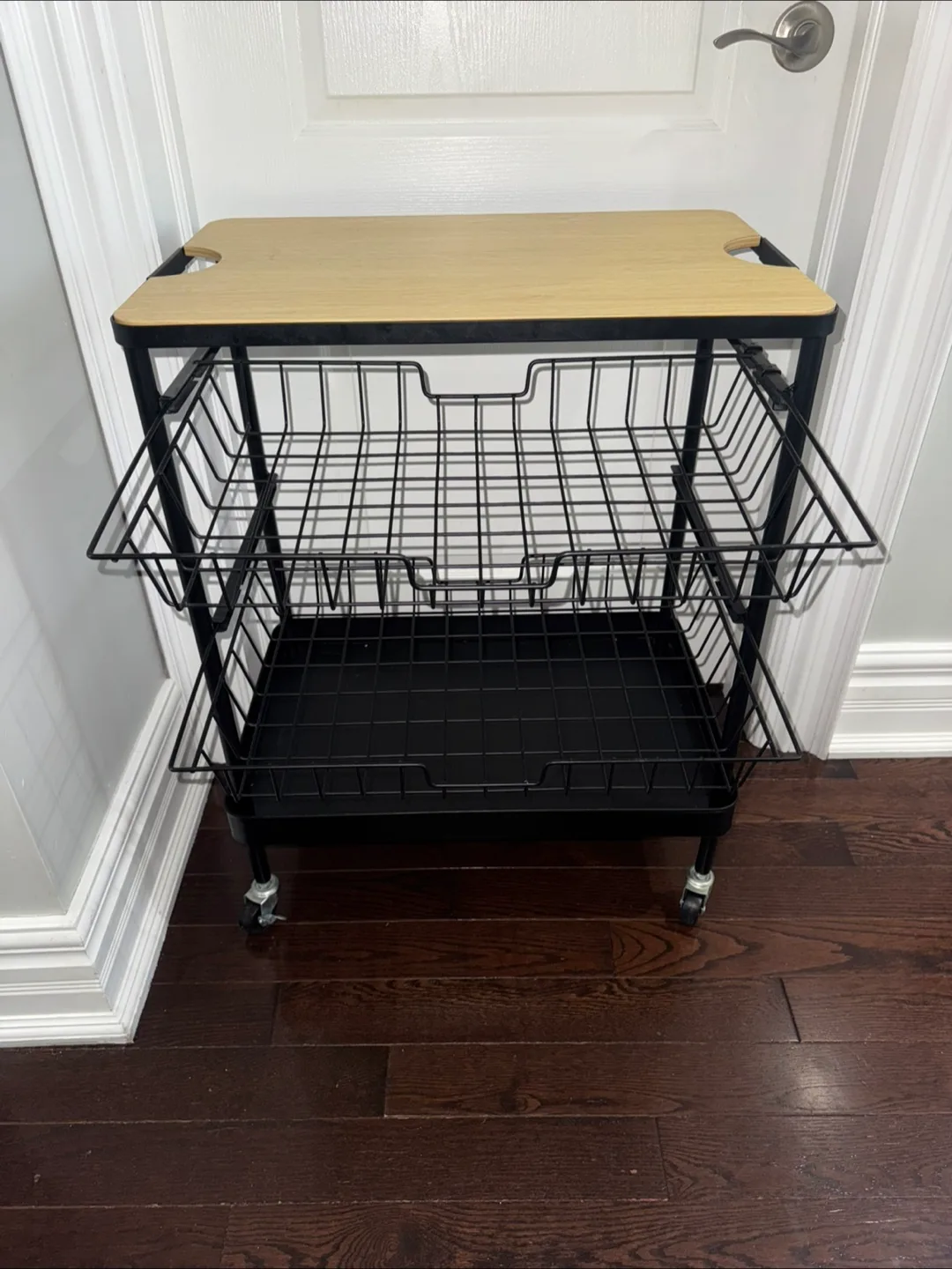 Black Rolling Kitchen Cart with Wooden Top image indicator(3)