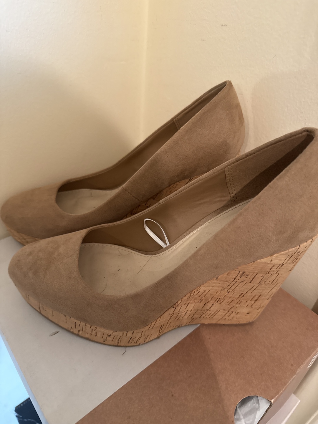 Beige cork wedge heels