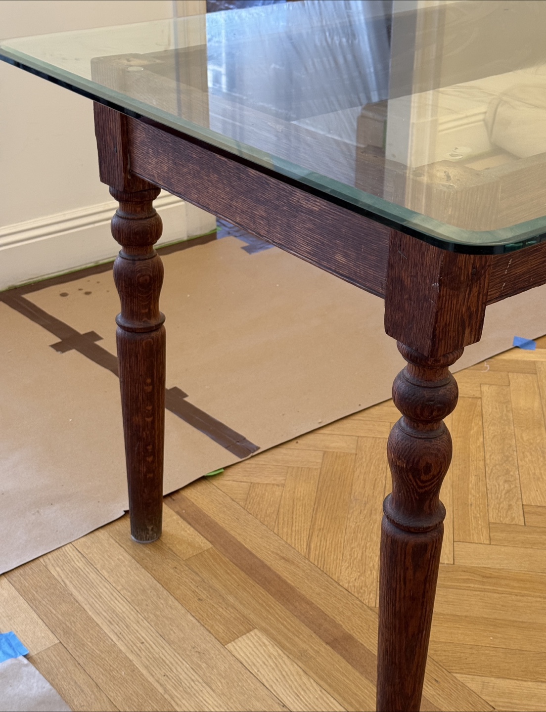 Antique Wood Dining Table with Glass Top