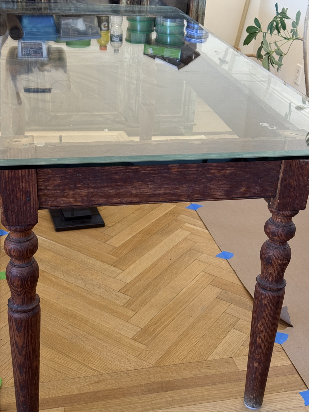 Antique Wood Dining Table with Glass Top - photo 2