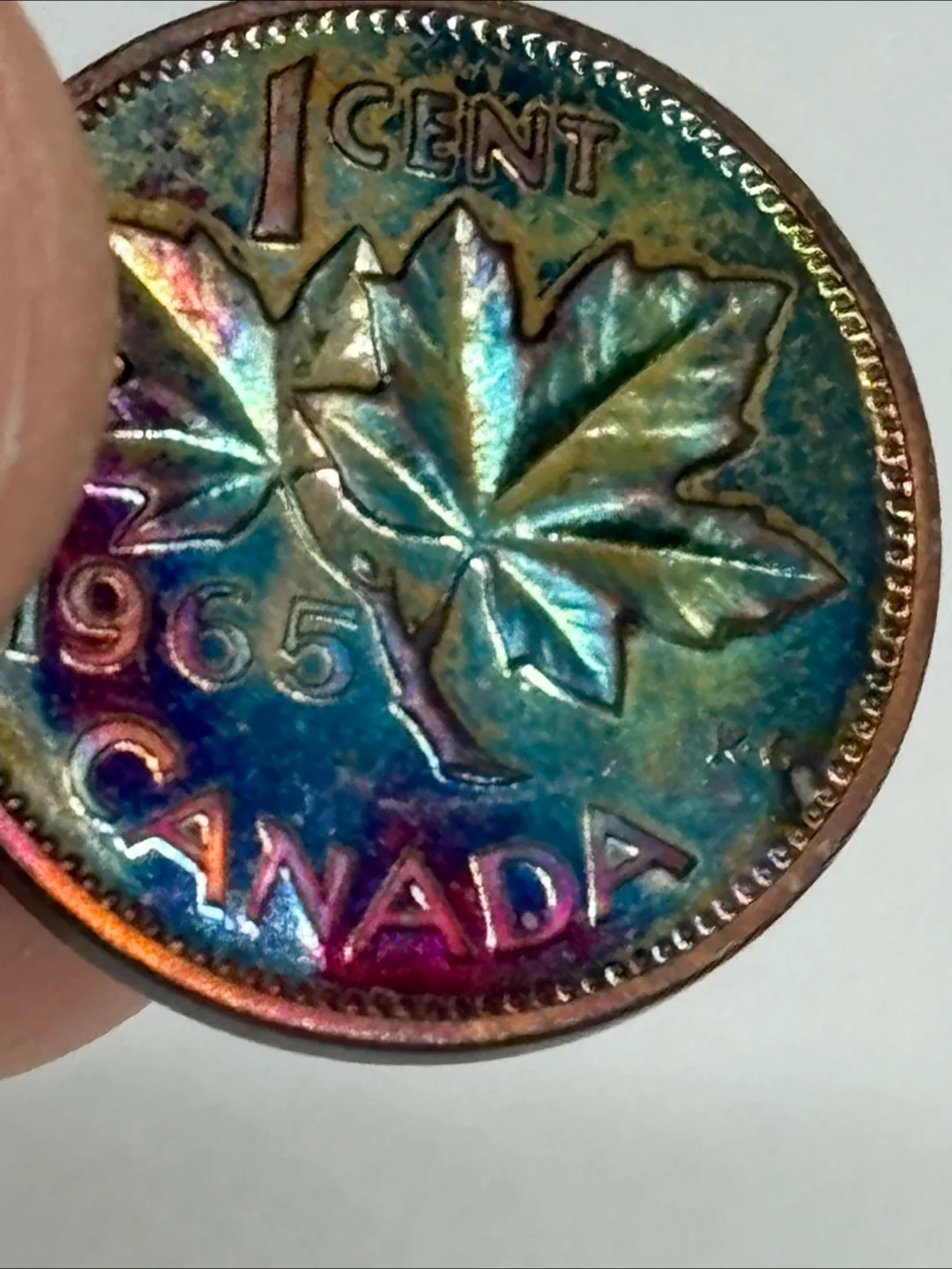 1965 Canadian 1 Cent Coin - Rainbow Toned image indicator(3)