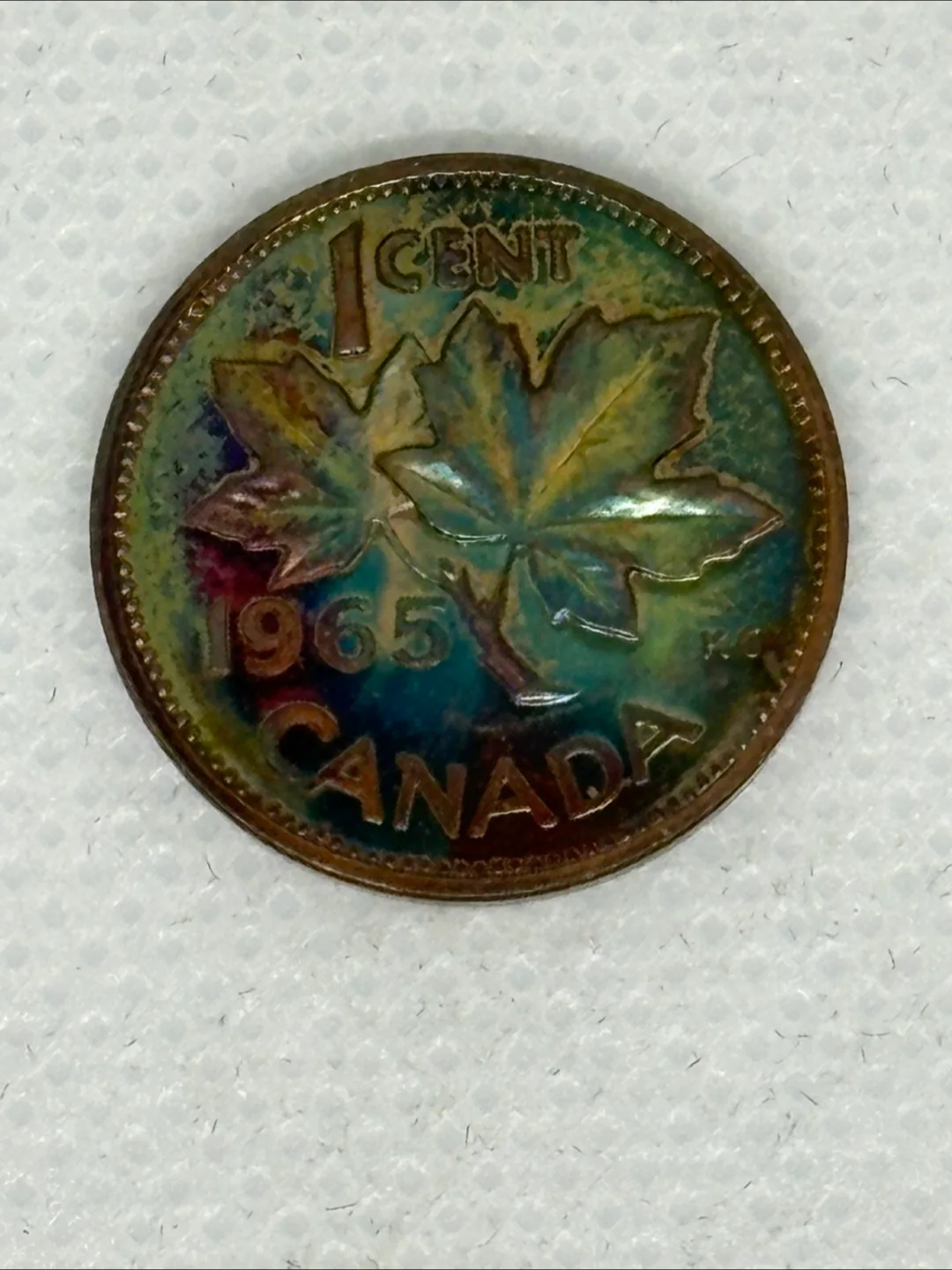 1965 Canadian 1 Cent Coin - Rainbow Toned thumbnail