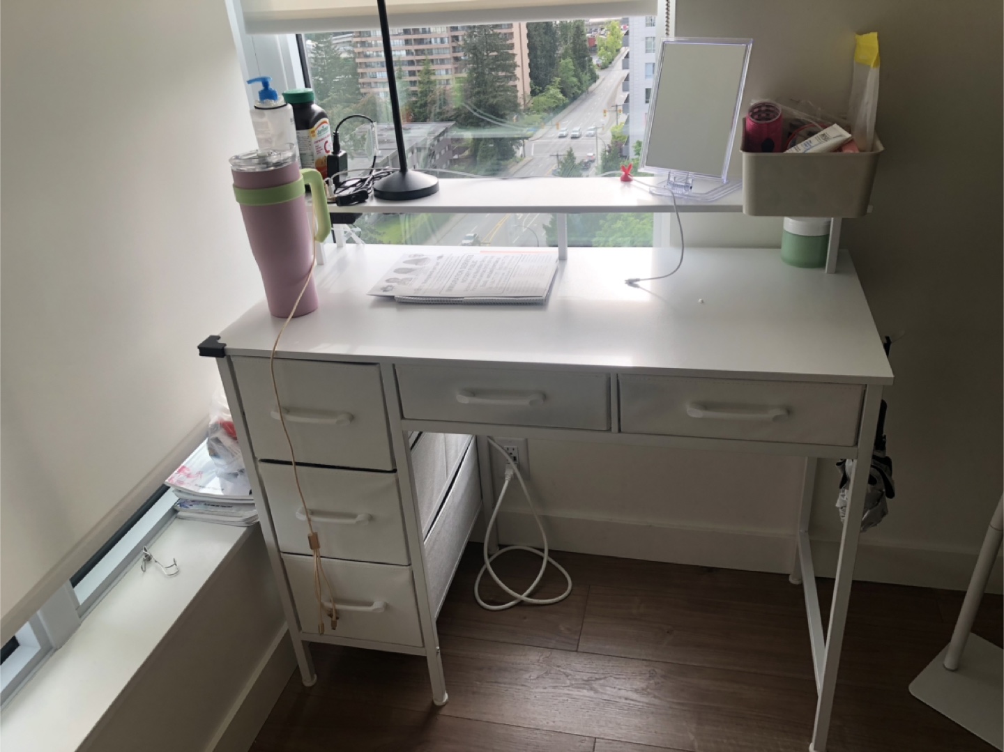 White Computer Desk with Drawers and Shelf