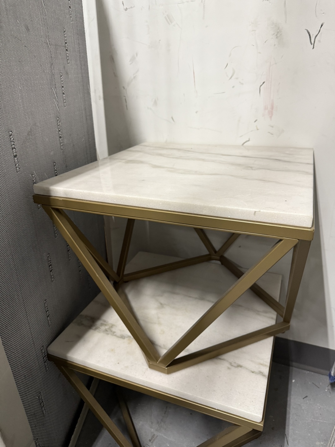 Pair of Geometric Marble and Gold Accent Tables