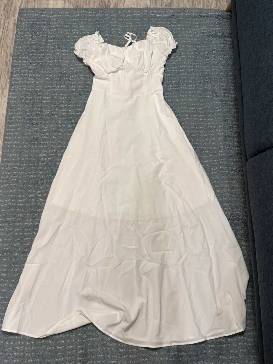 White Puff Sleeve Maxi Dress with Lace-Up Back thumbnail