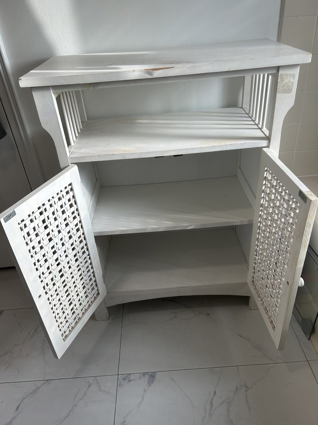 White Wooden Bathroom Cabinet with Woven Doors *MOVING SALE* - photo 2