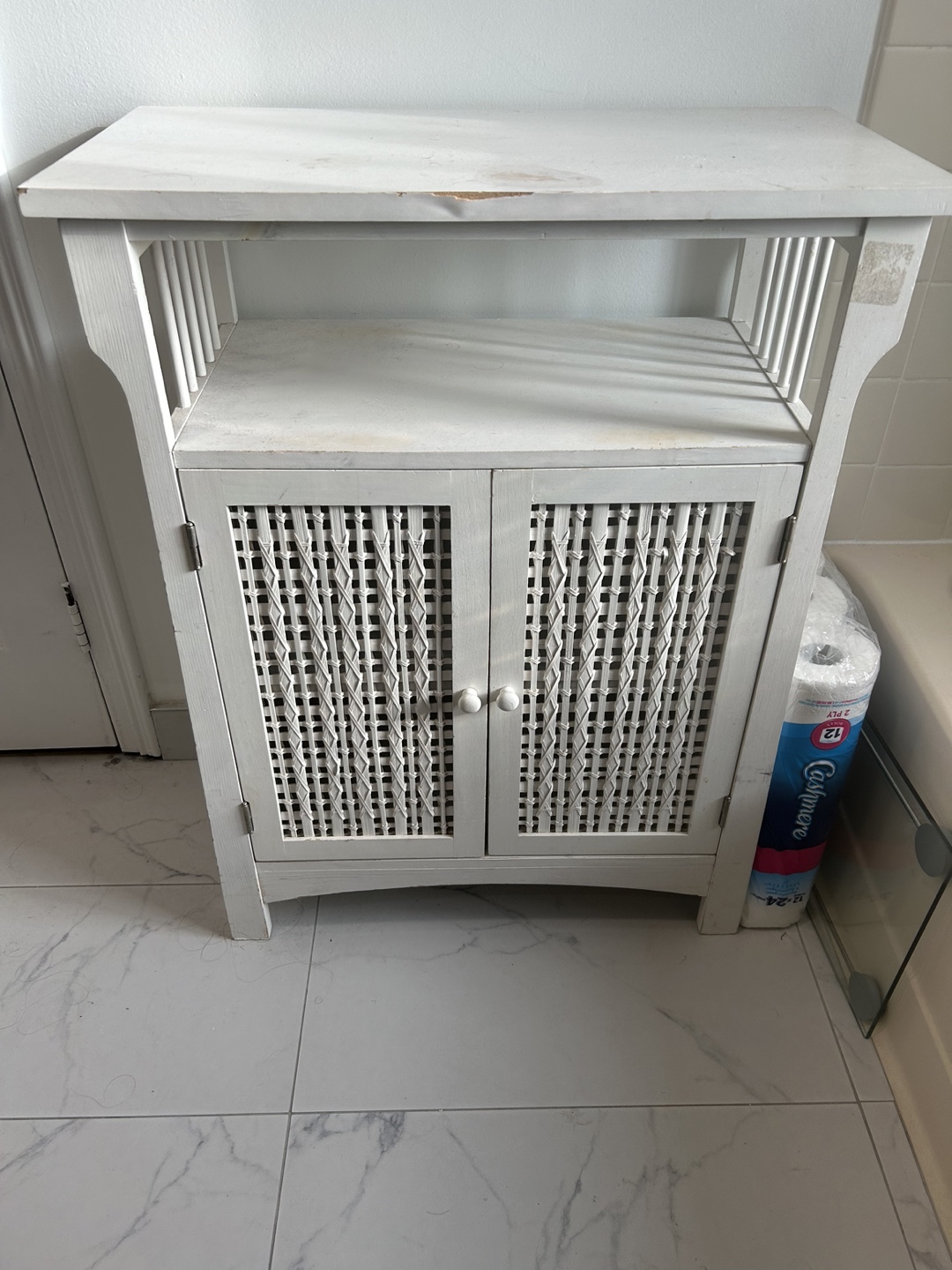 White Wooden Bathroom Cabinet with Woven Doors *MOVING SALE*