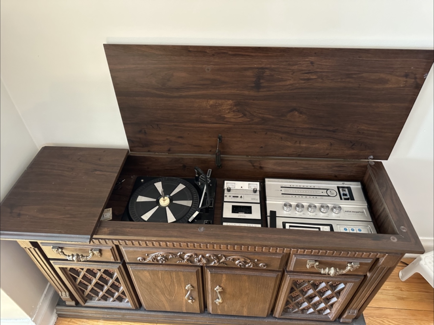 Vintage Stereo Console with Record Player and 8-Track
