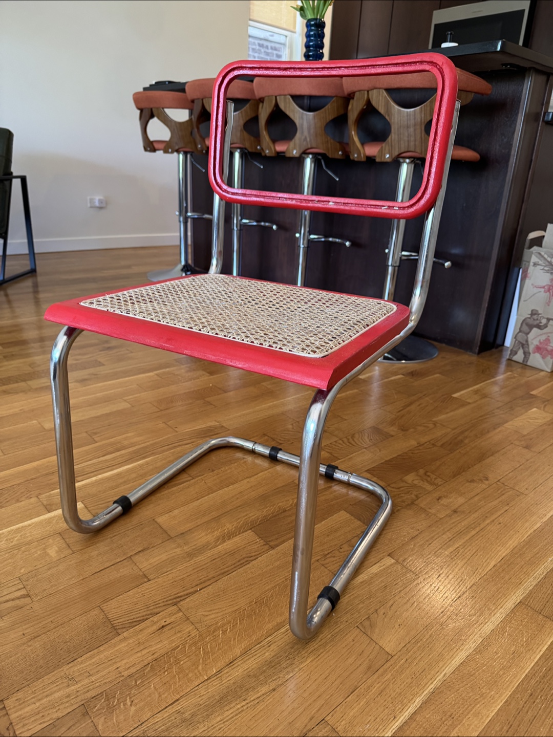 Vintage Red Metal Chair with Cane Seat