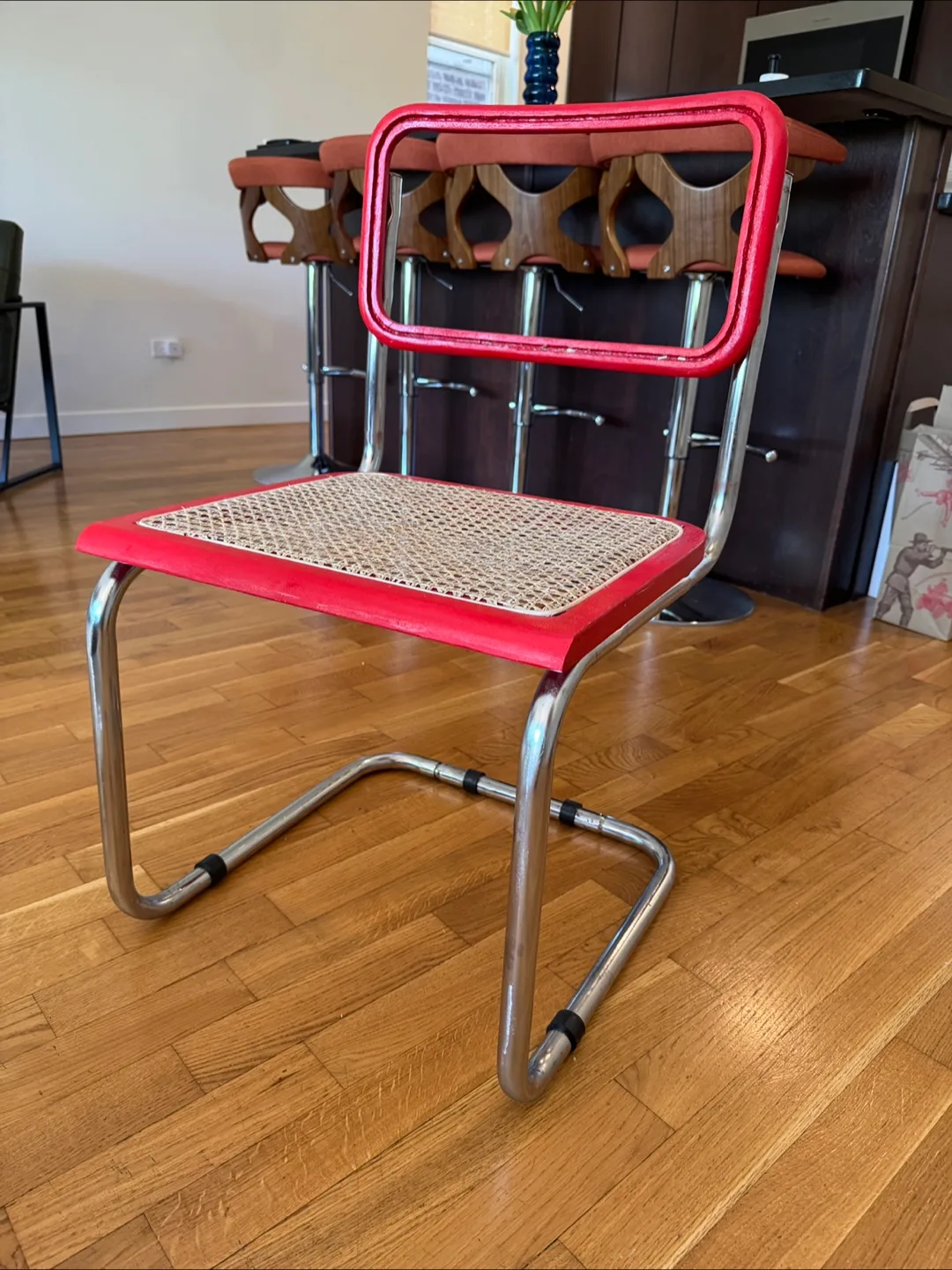 Vintage Red Metal Chair with Cane Seat thumbnail