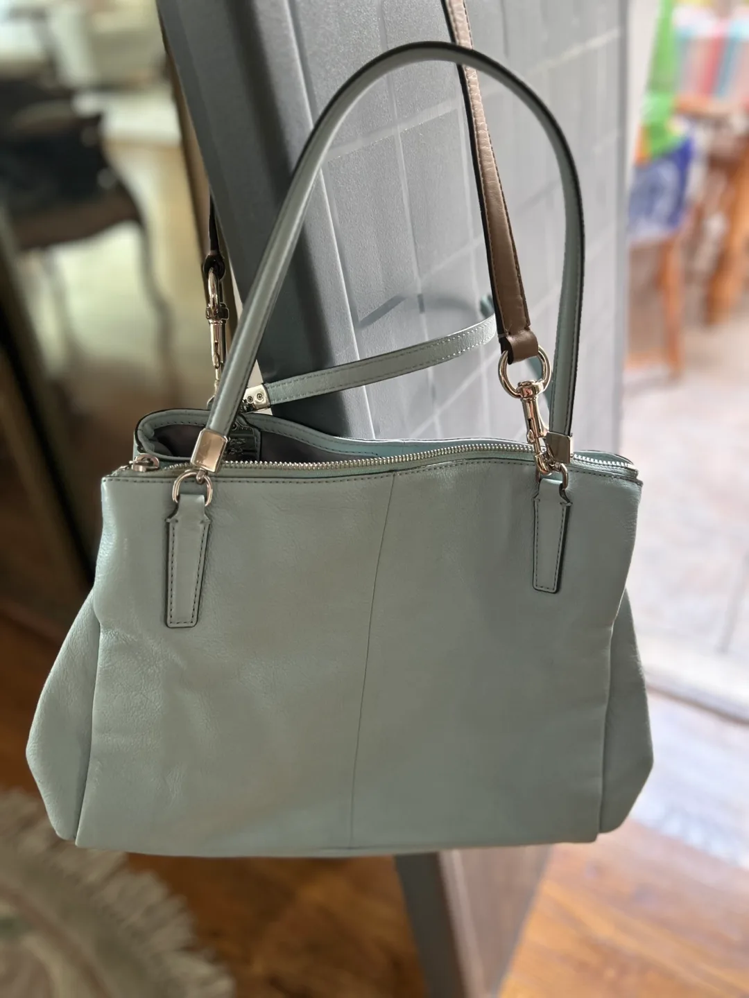 Coach light blue leather satchel handbag image indicator(6)