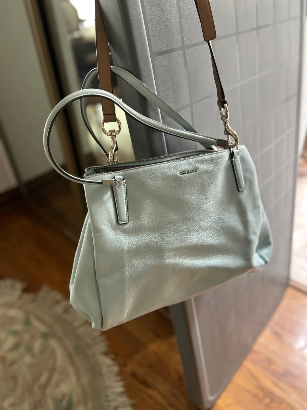 Coach light blue leather satchel handbag image indicator(5)