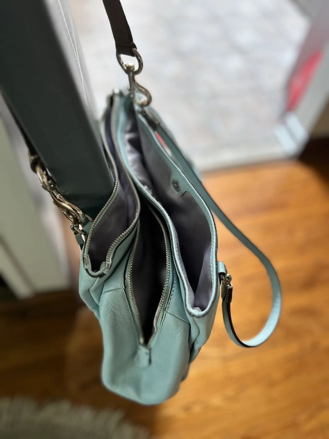 Coach light blue leather satchel handbag image indicator(8)