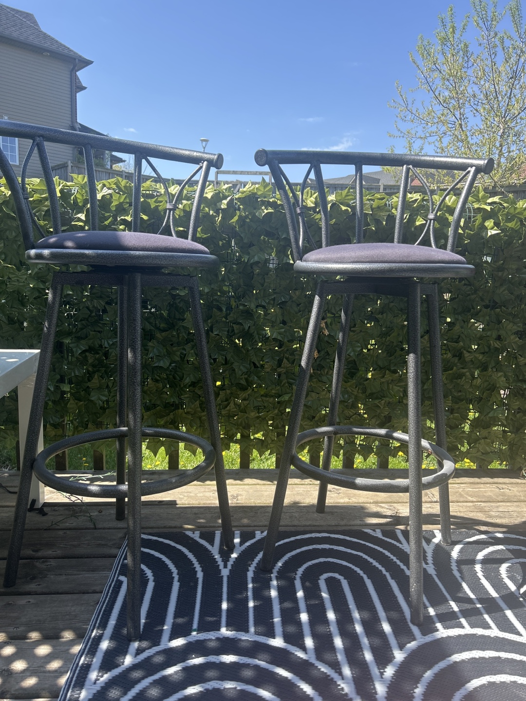 Pair of Metal Bar Stools with Dark Grey Cushions