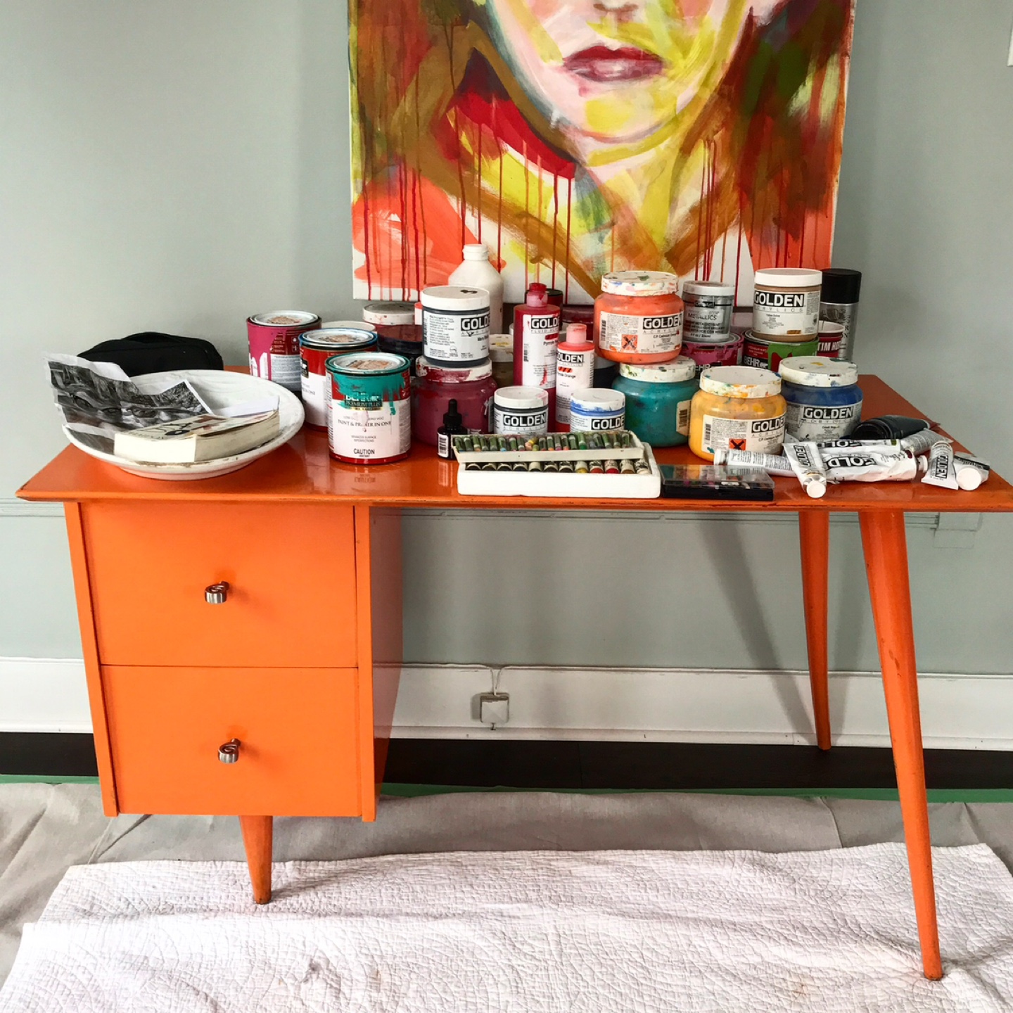Mid-Century Modern Desk / Chair Set - Orange & Red