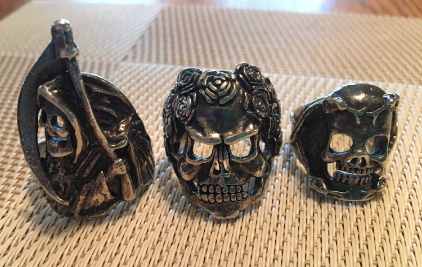 Three Vintage Biker Skull Rings thumbnail