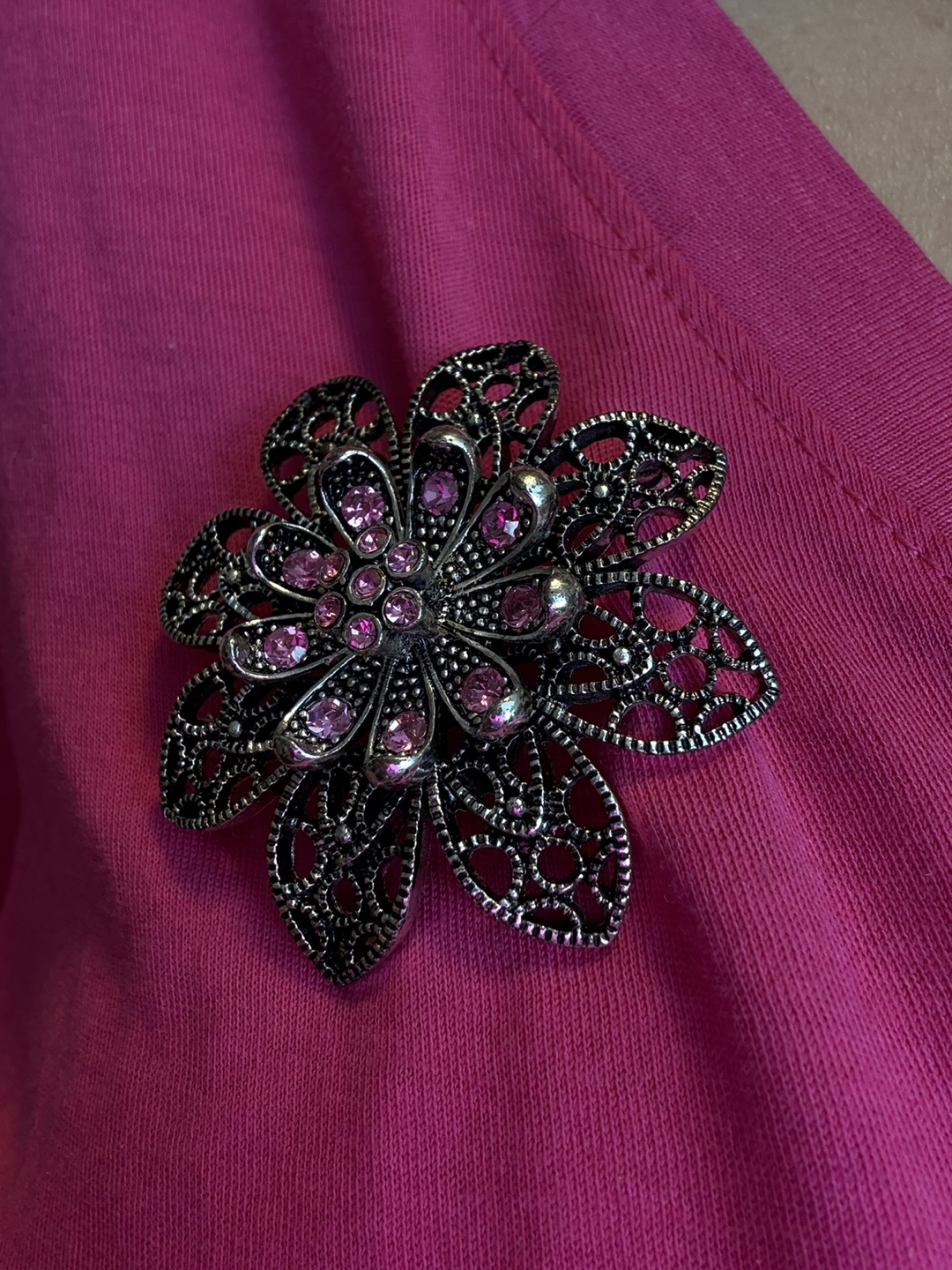 Floral Brooch with Pink Rhinestones