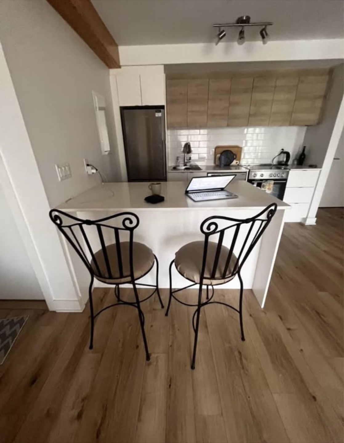 Free! Pair of Black Metal Bar Stools with Beige Cushions