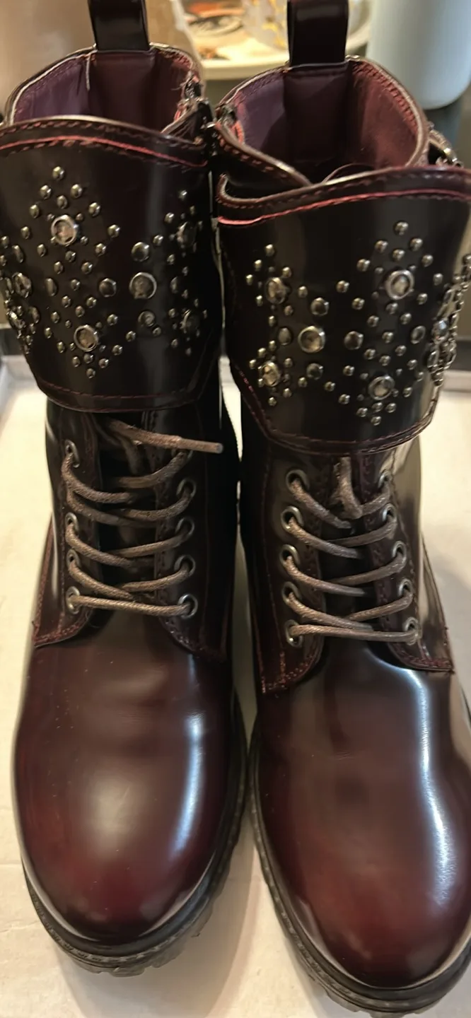 Burgundy Leather Boots with Studs