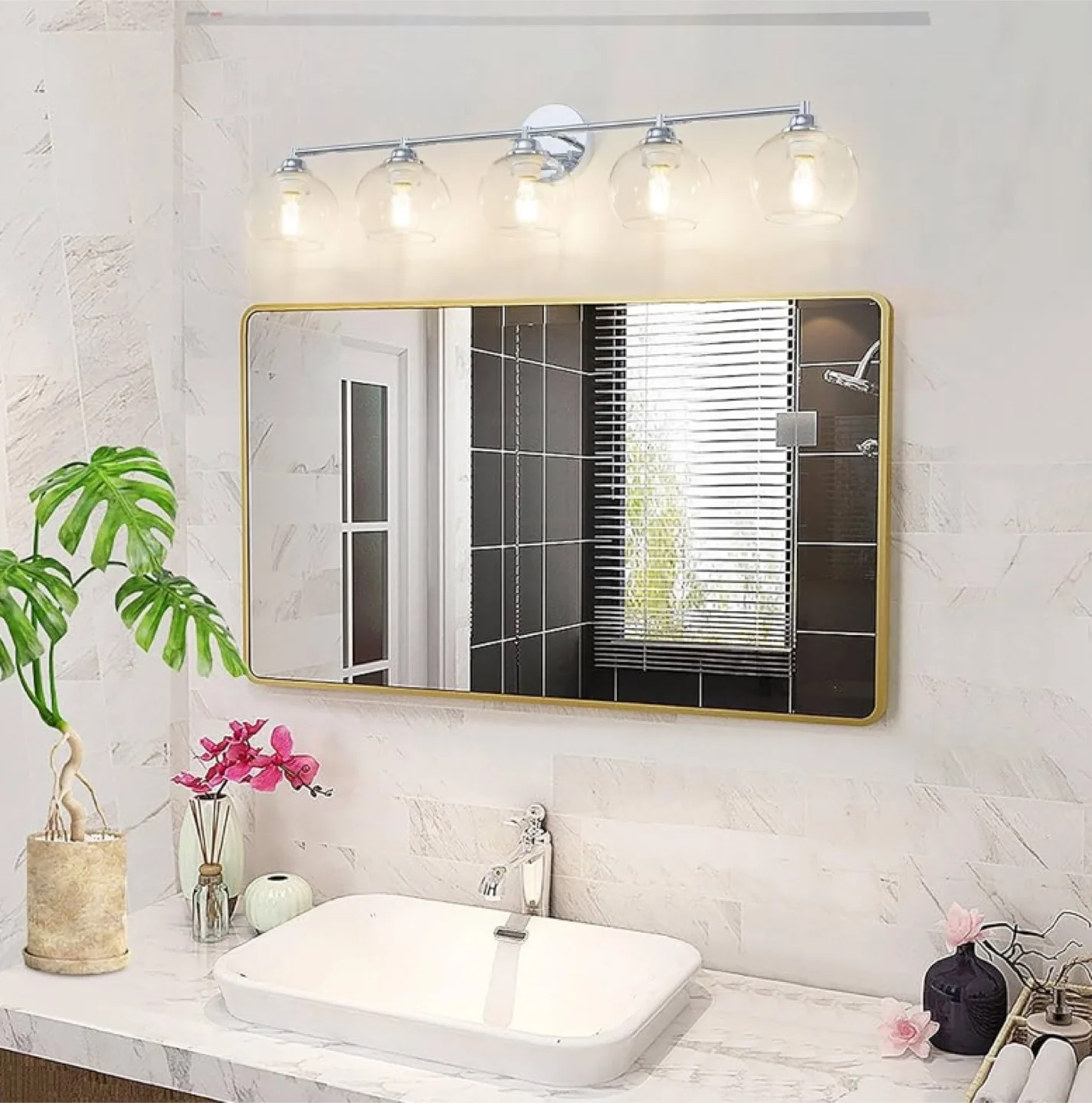 5-Light Chrome Vanity Lights with Clear Glass image indicator(3)