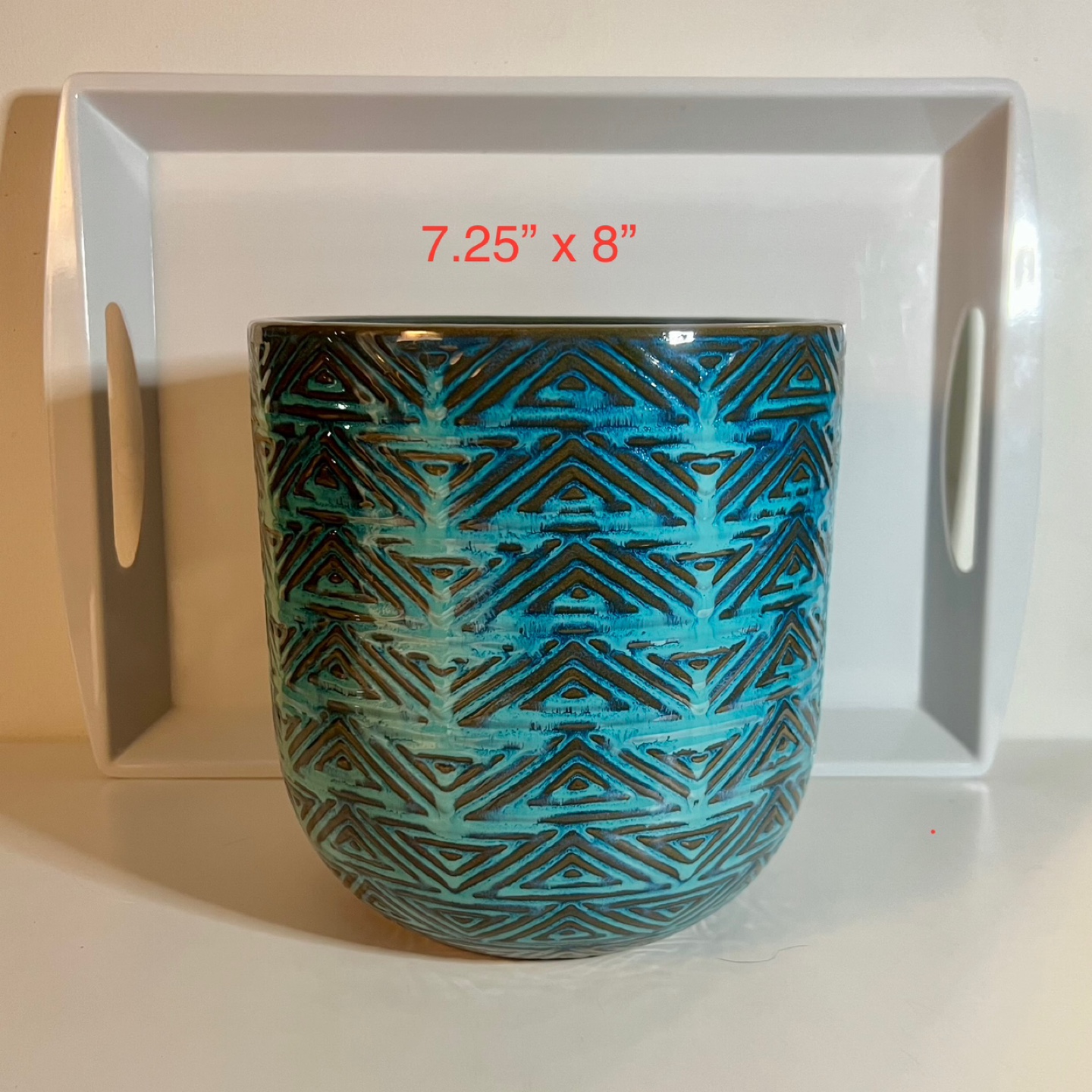 Large Ceramic Planter, Teal and Brown Geometric Pattern