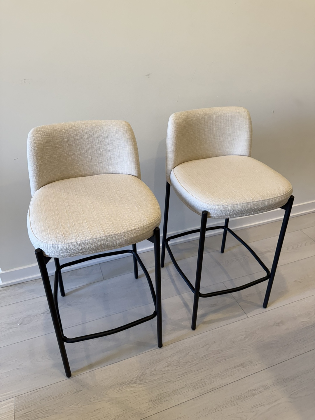 Pair of Modern Counter Stools, Beige Fabric