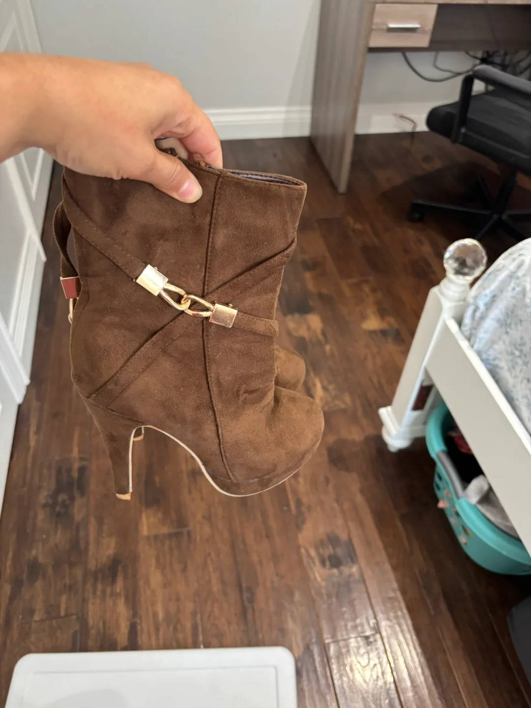 Brown Suede Ankle Boots with Gold Accents