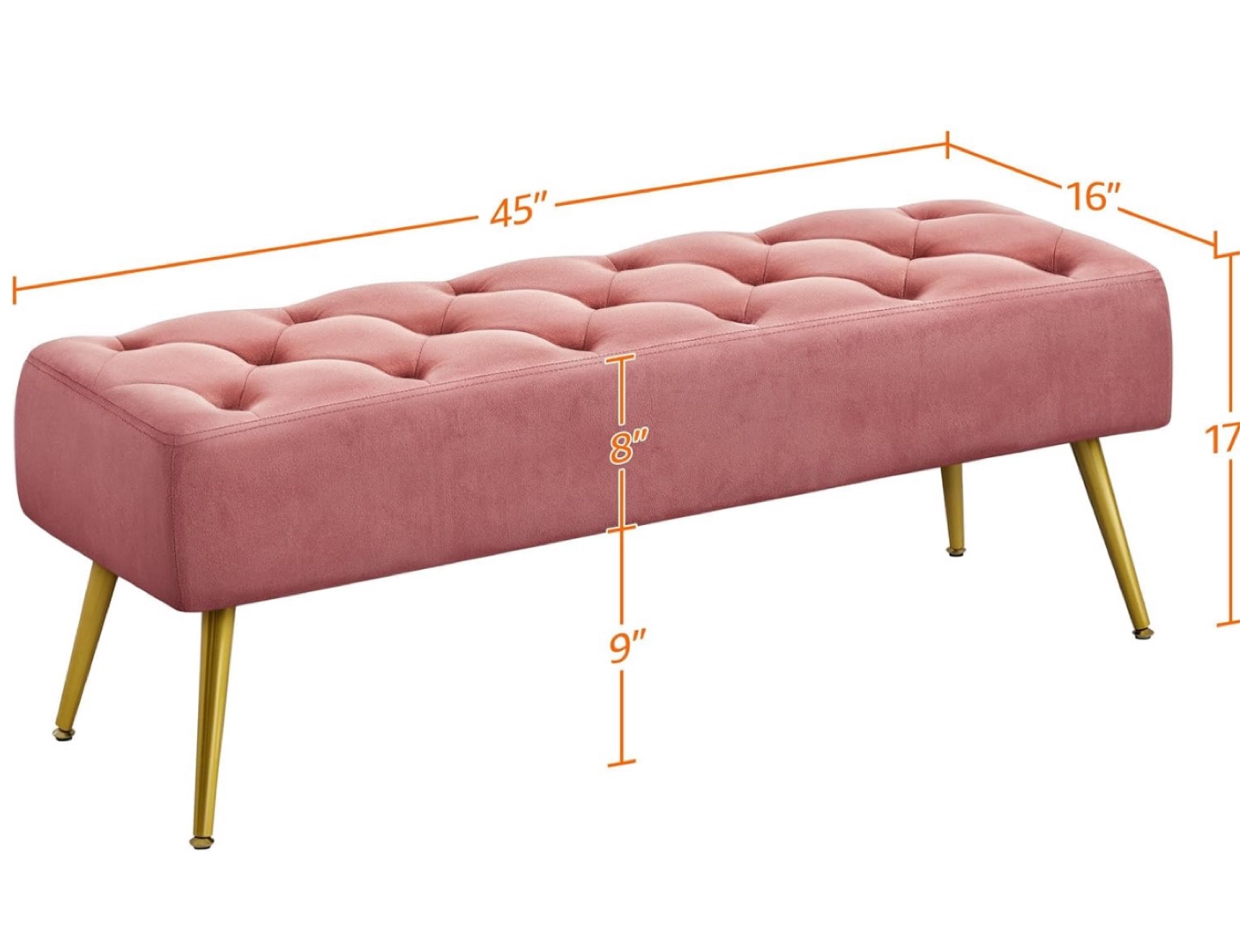 Pink Velvet Upholstered Ottoman Bench with Gold Legs - photo 2