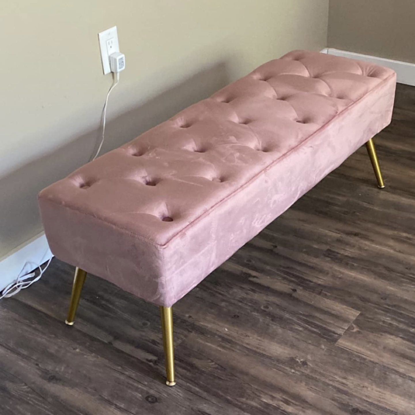 Pink Velvet Upholstered Ottoman Bench with Gold Legs