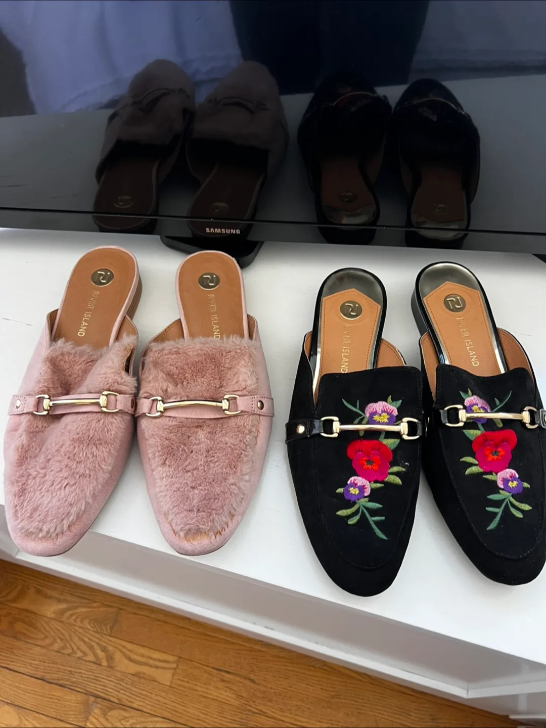River Island Pink & Black embroidered mules thumbnail