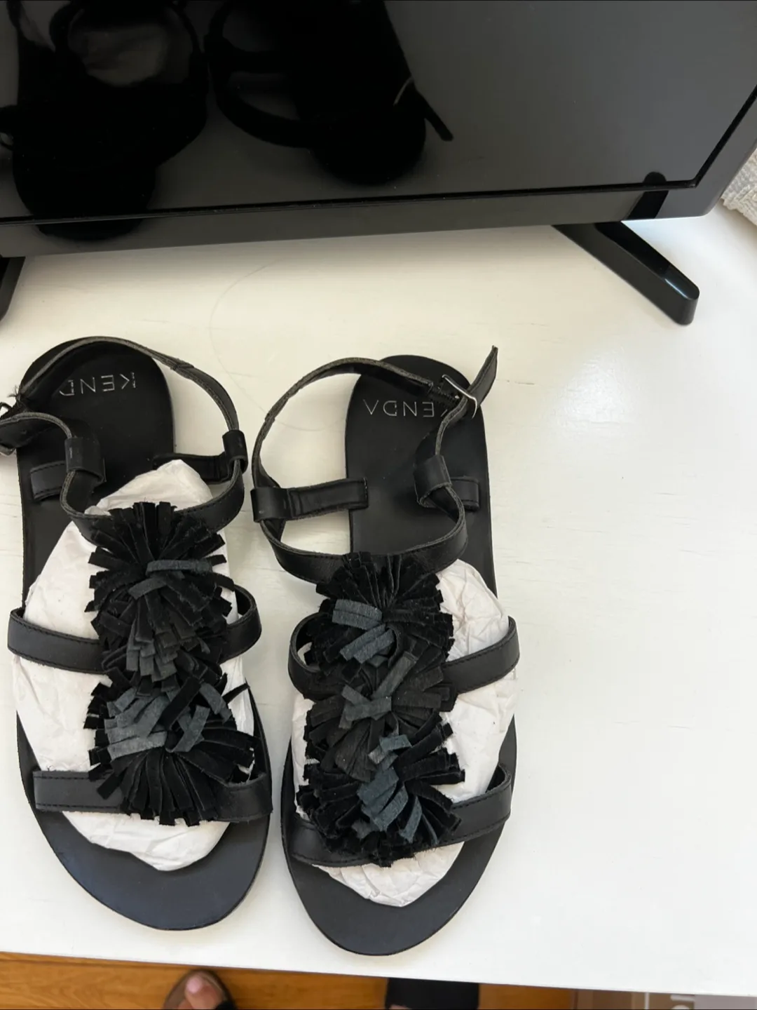 Kendra Black Leather Sandals with Pom-Poms thumbnail