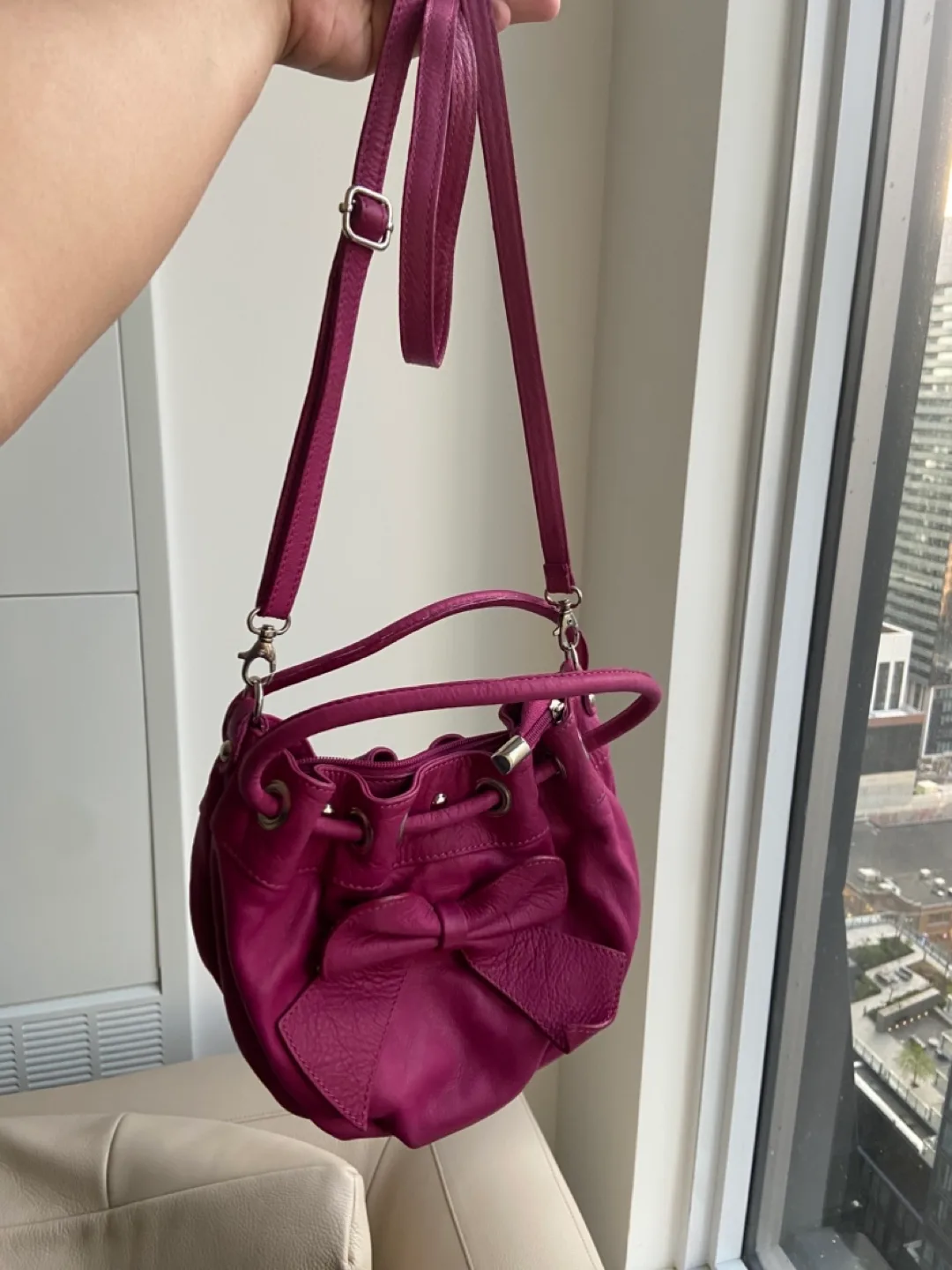 Fuchsia Pink Mini Leather Drawstring Bag image indicator(5)