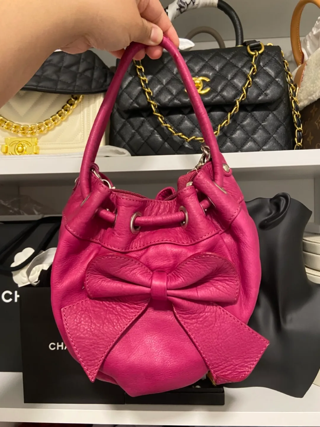 Fuchsia Pink Mini Leather Drawstring Bag thumbnail