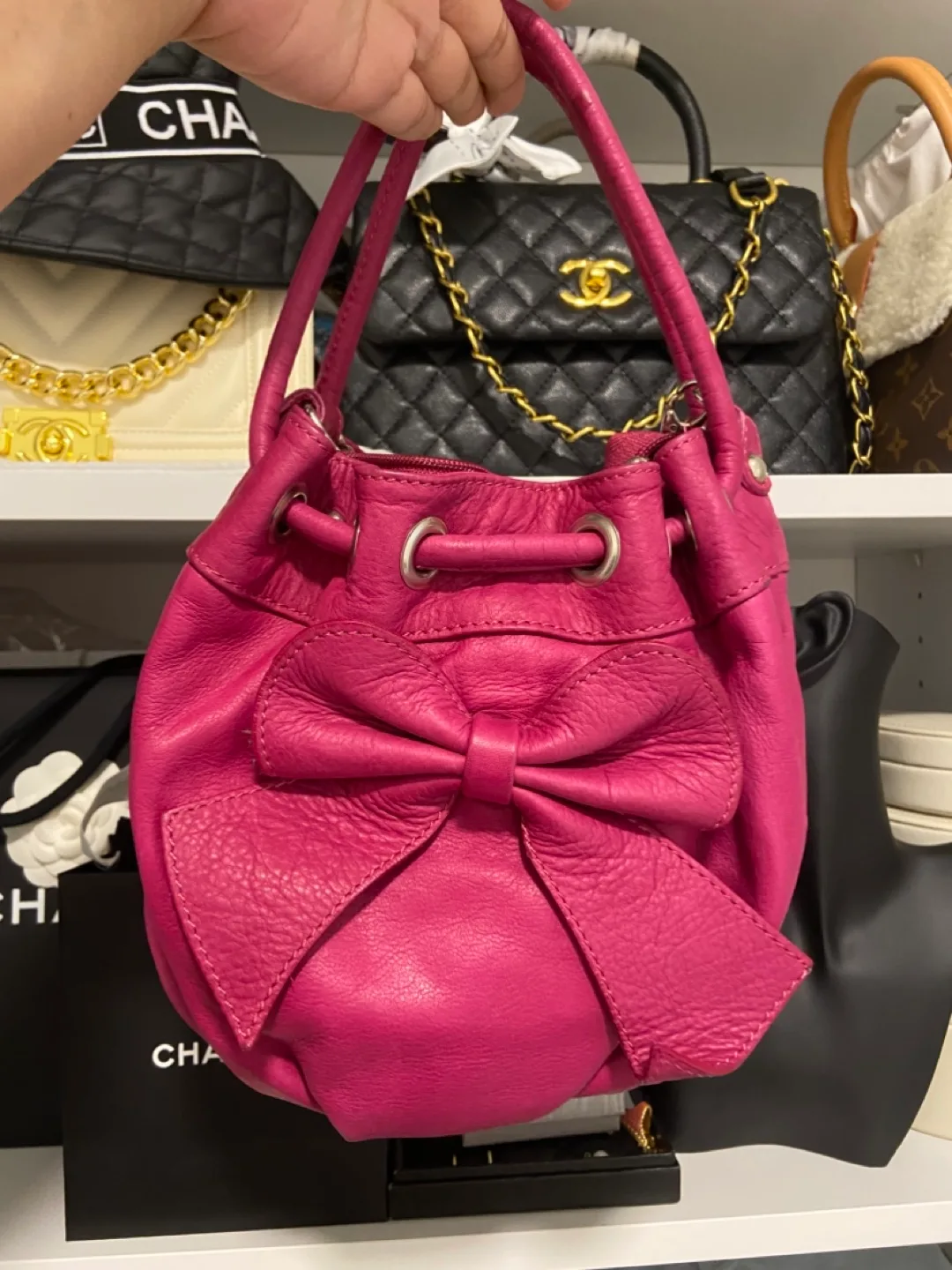 Fuchsia Pink Mini Leather Drawstring Bag image indicator(3)