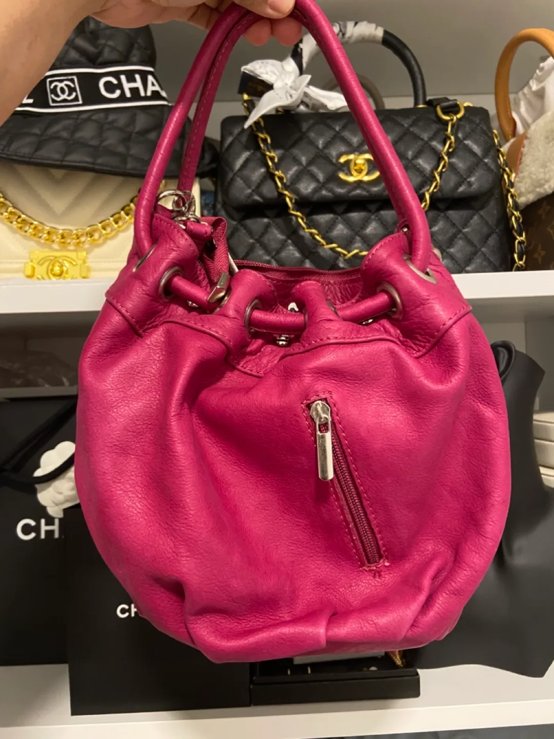 Fuchsia Pink Mini Leather Drawstring Bag image indicator(2)