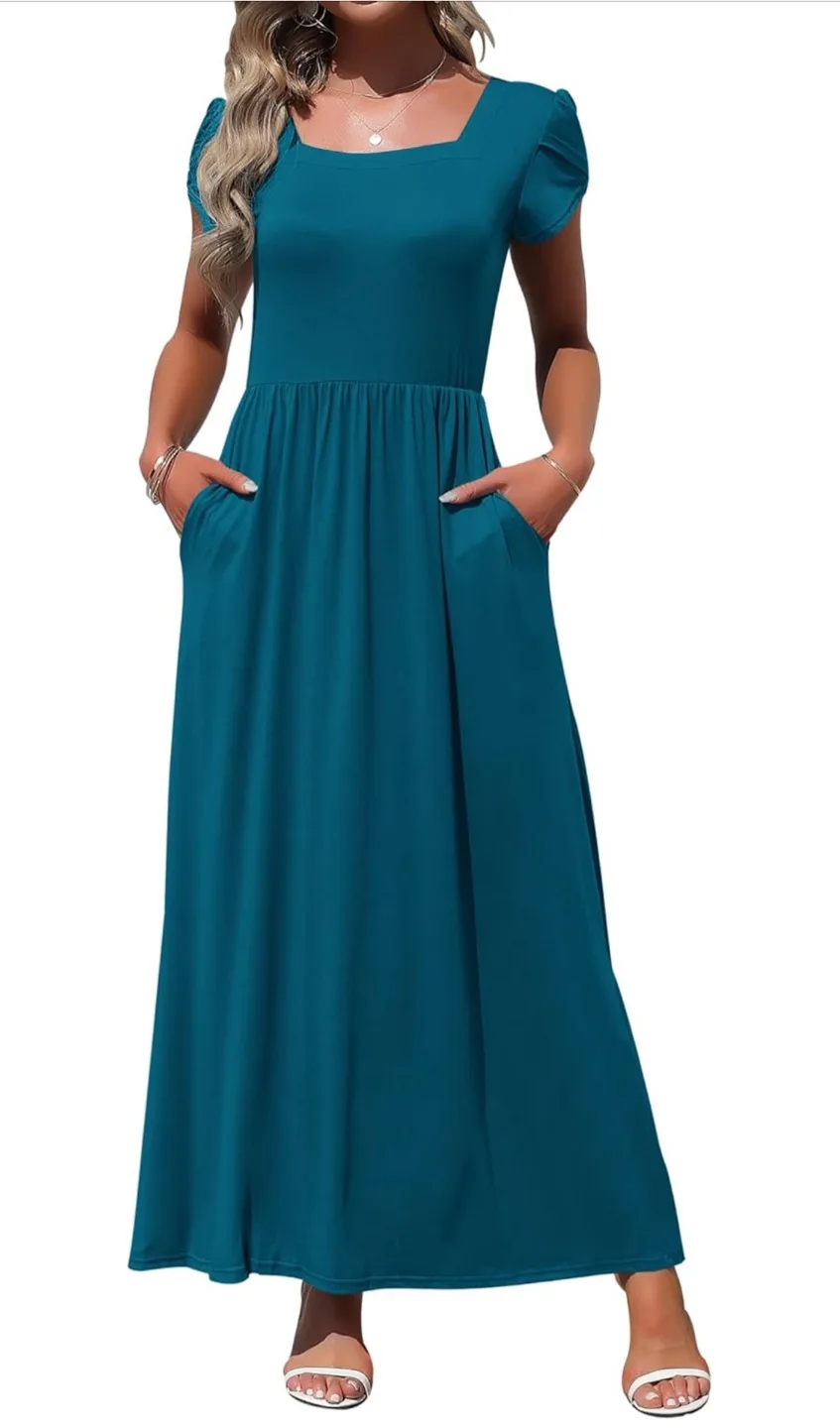NEW! Square Neck Teal Maxi Dress with Pockets thumbnail