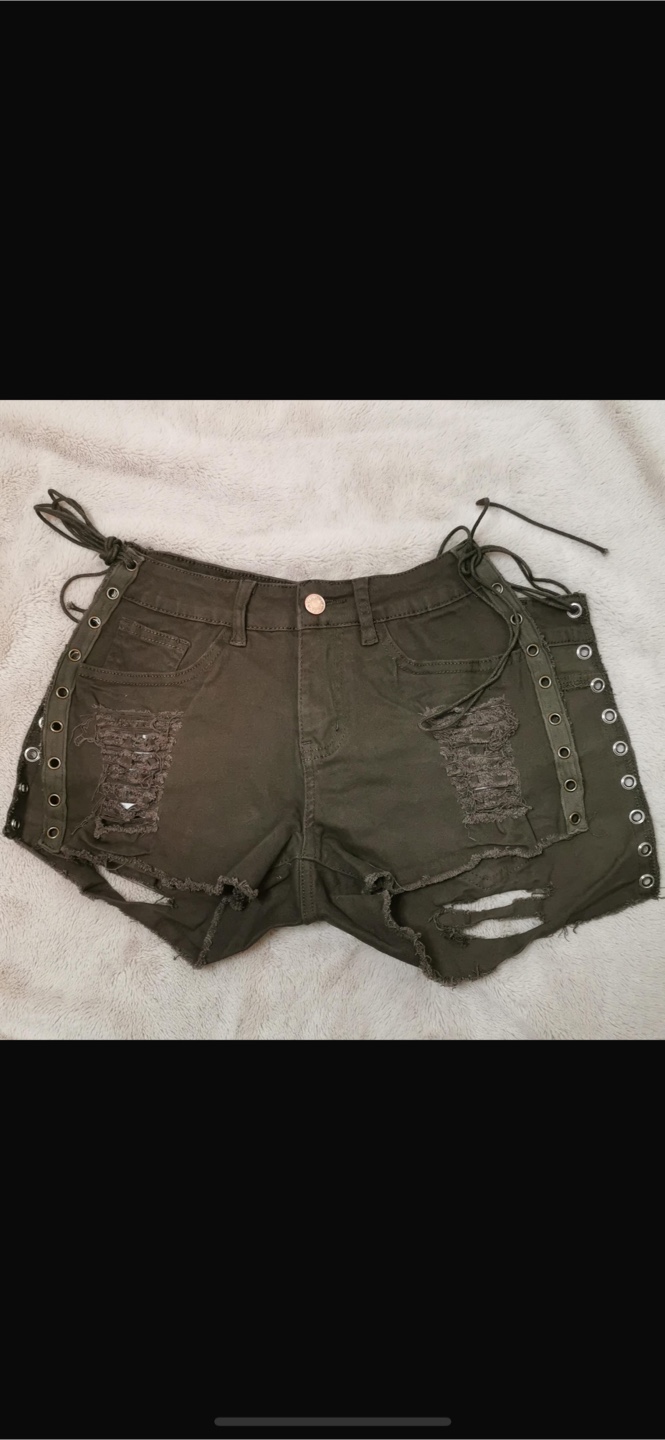 NEW! Dark Green Distressed Denim Shorts with Lace-Up Detail - photo 4